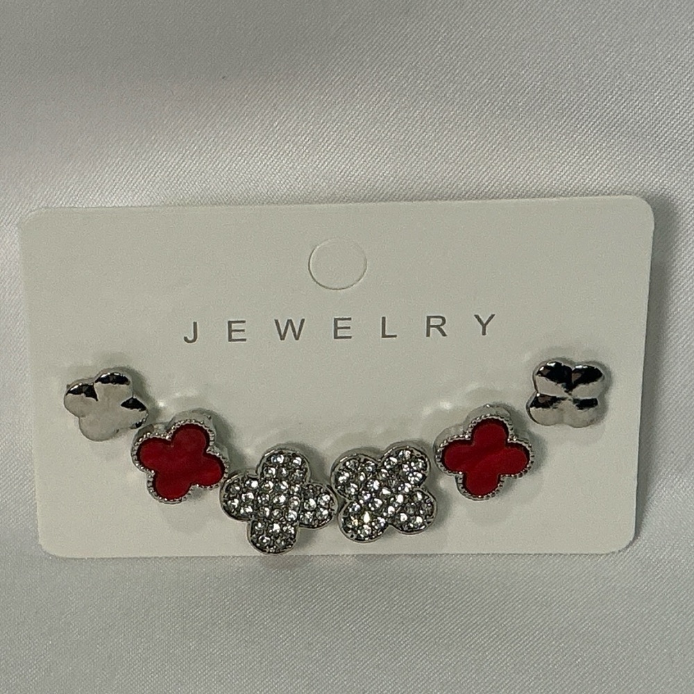 3 pr Fashion Stud Earrings Quatrefoil Motif Clover Silvertone Red Enamel Pave